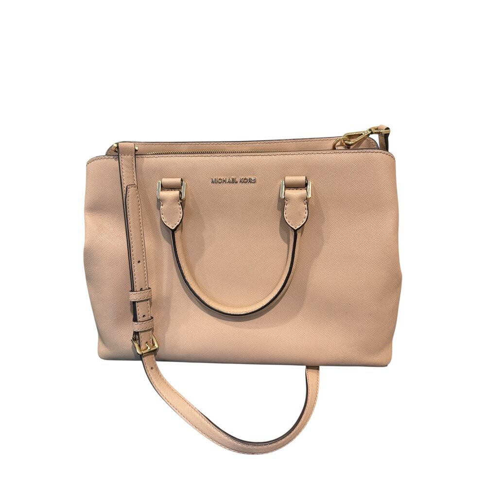 Michael Kors Sutton Beige Large Saffiano Leather Satchel Feet Handbag